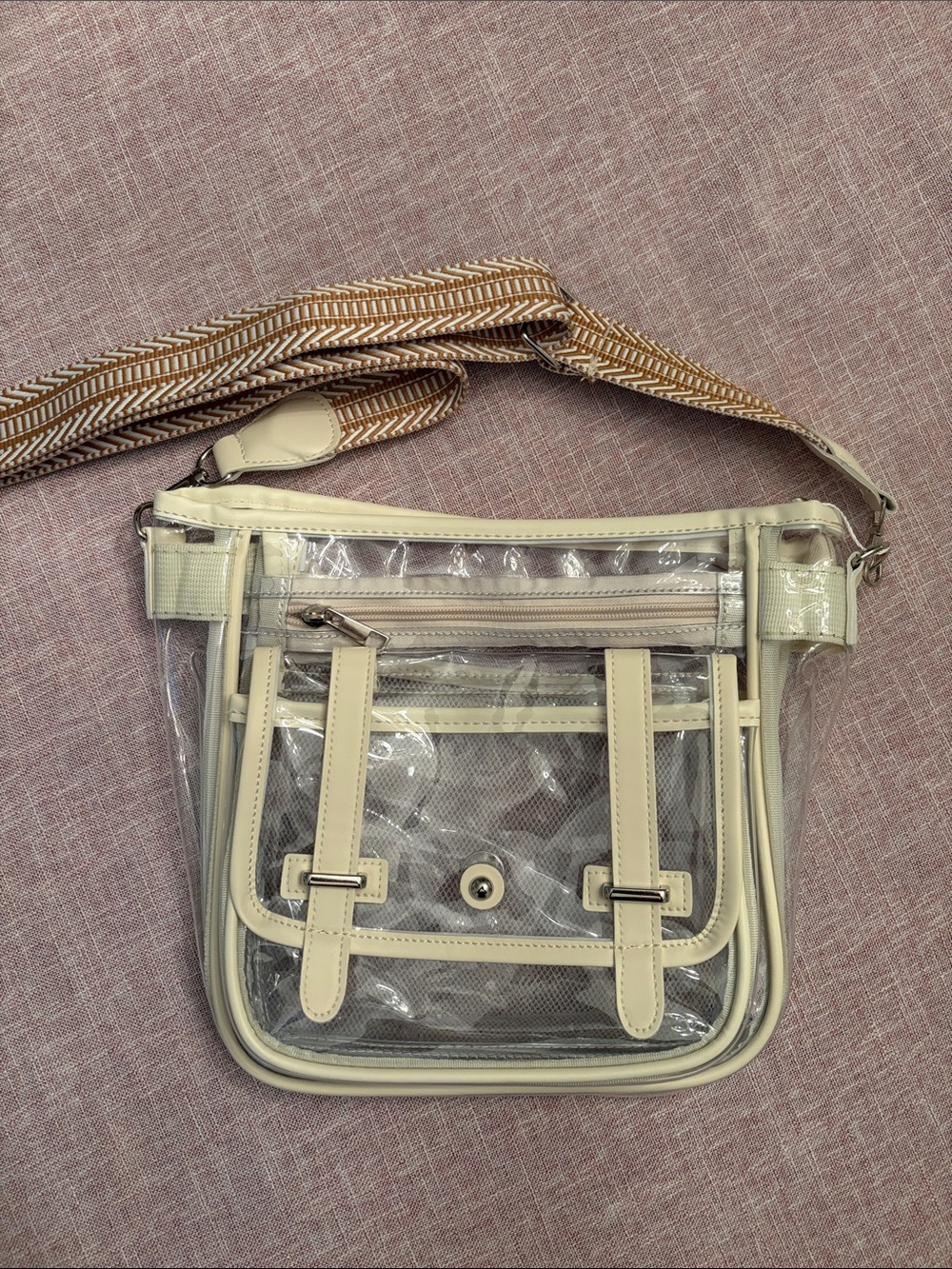 Clear Crossbody Bag with Cream Trim and Patterned Adjustable Strap